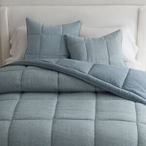 Pottery Barn European Flax Linen Waffle Comforter Chambray Blue King / Cal NEW